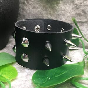 Punk Goth Bracelet Black Leather Spike Rivet Metal Studded Wristband B1313