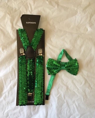 St Patricks Day Dress Costume Set Sequin Green  Bow tie Braces Suspenders  - image 1 of 2
