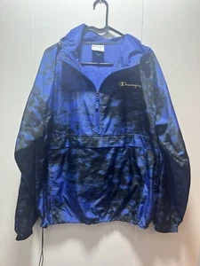 Champion Jacket Windbreaker Half Zip Blue & Black Men’s Size Large Pocket Logo - Picture 1 of 5