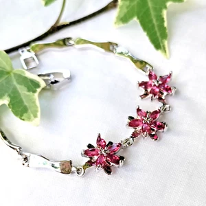Pulsera de Plata 6.5" Rosa Circonita C Piedras Preciosas Elegante Mujer Joyería + Caja de Regalo - Imagen 1 de 3