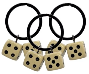 3 Pack Novelty Key Rings 16mm Dice Rounded Corners Bone Tone with Black Pips - Picture 1 of 5