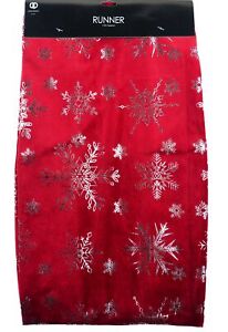 Velvet Christmas Table Runner - 150 X 32cm - Red Wine & Silver Snowflakes