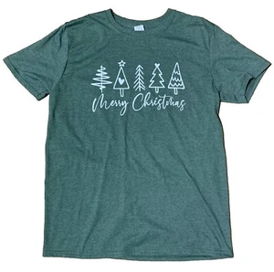 "Merry Christmas" T-Shirt Green Short Sleeve Trees Gildan Tee Top Blouse Large - Picture 1 of 7