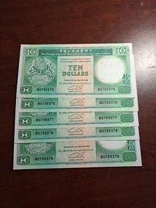 LOT OF 5 1989 HONG KONG AND SHANGHAI BANK 10 DOLLARS NOTES - p191 Sequential - Picture 1 of 1
