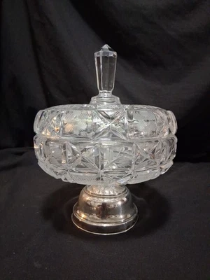 Pedestal de vidrio grabado corte plata 800 compota cubierto plato de caramelo grande con cuentas Foto 1 de 4