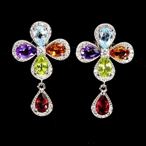 925 Sterling Silver Earrings Pear Rhodolite Amethyst Citrine Gemstone Jewelry - Picture 1 of 14