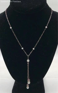 925 Sterling Silver 5.38g Round Faux Pearl Resin Chip Beaded Lariat Necklace 24" - Picture 1 of 5