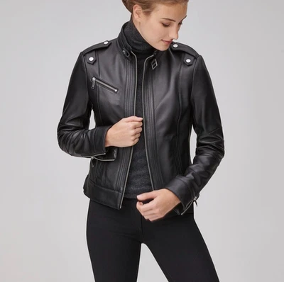 Marc New York Rego Black Women 100% Leather Lamb Moto Bomber Jacket S NWT $380 - Image 1 of 4