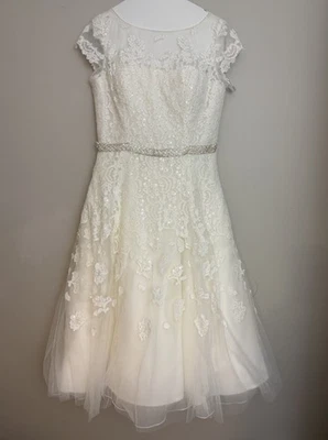 Oleg Cassini Ivory Tea Length Beaded And Lace Wedding Dress Cmk513 Sz 14 - Image 1 of 4