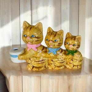 VINTAGE Taiwan 1970 Orange Ginger Tabby Cat Kitten Trio Candle Holder Figurine  - Picture 1 of 5