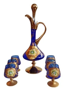 Altes Service Gläser + Karaffe Muranoglas 7-teilig Dekor handbemalt Gold 18K - Bild 1 von 14