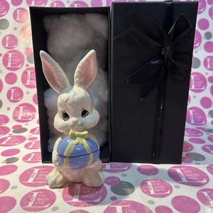 VINTAGE CERAMIC BISQUE Easter Bunny with Easter Egg Trinket Box Hand Painted - Picture 1 of 8