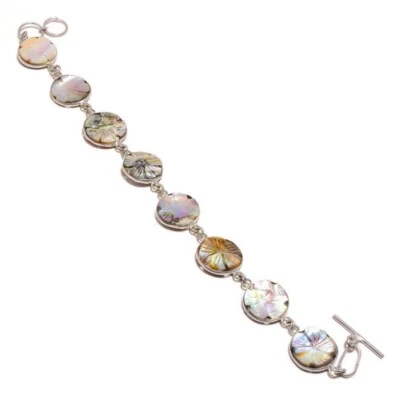 Rare Mother of Pearl Gemstone Unique Handmade Engraved Flower Statement Bracelet - Image 1 of 3