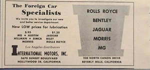 Anuncio impreso vintage de International Motors Hollywood CA Rolls Bentley Jaguar 1950 - Imagen 1 de 2