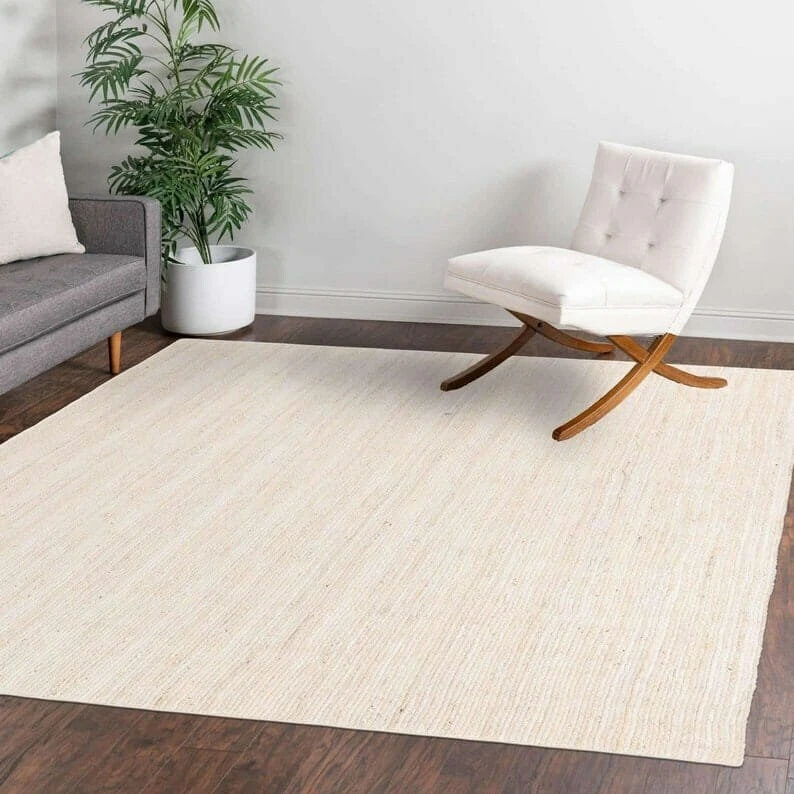 Jute Rug Hand Braided off white Woven Area Rug Beige Carpet Living Room Non slip - Image 1 of 4