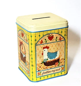 Vintage Coin Bank Metal Tin Square Box Feather My Nest Egg - Picture 1 of 5