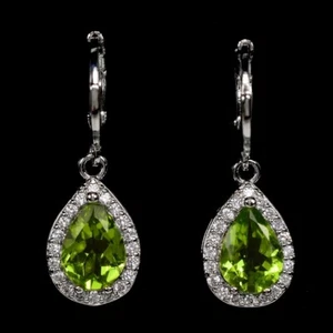 NATURAL AAA GREEN PERIDOT PEAR & WHITE CZ STERLING 925 SILVER DANGLE EARRING - Picture 1 of 6