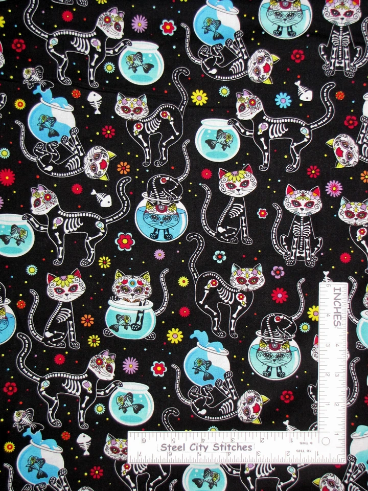 Kitty Cat Skeleton Fish Bowl Cotton Fabric Timeless Treasures C4159 By The Yard - Image 1 of 1