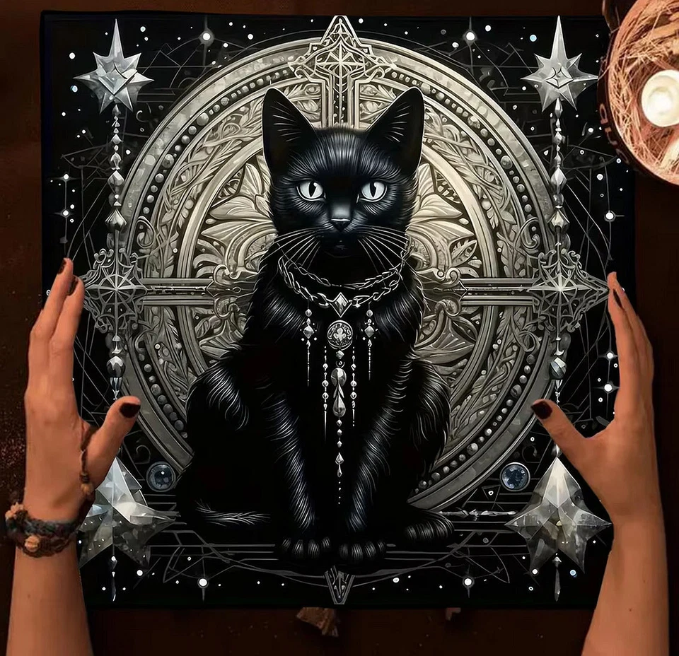 BLACK CAT Altar Cloth, FELINE Wicca Altar Supplies, BLACK CAT Tarot Cloth - Image 1 of 1