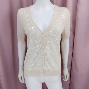 Talbots kurzärmelige Damen-Cardigan beige Pailletten V-Ausschnitt geknöpft klein - Bild 1 von 8