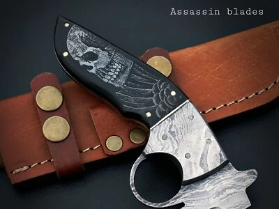 Cuchillo de caza grabado a mano de acero damasco 10" cuerno de toro y mango grabado a mano Foto 1 de 4