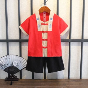 2pcs Retro Kids Boys Tang Suit Top Ethnic Short Frog Button Crane Embroidered - Picture 1 of 12