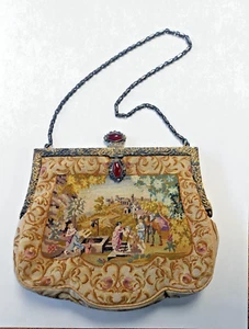 Victorian Handmade Petit Point or Tapestry Evening Purse Ornate Gold Toned Frame - Picture 1 of 14