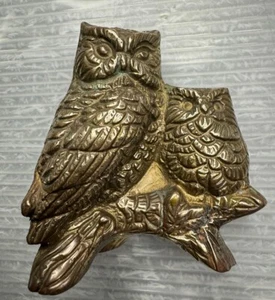 vintage Enesco BRASS OWL & Owlet Family perched on log 3” FIGURINE India - Picture 1 of 12