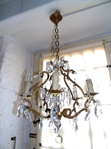 French gorgeous bronze - brass crystal brid cage chandelier 5 lighting vintage - Picture 1 of 18