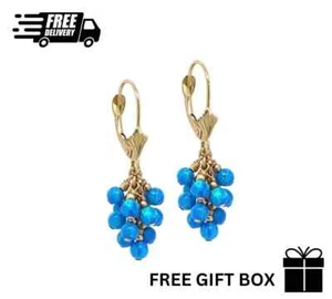 14k Yellow Gold Dark Blue Opal Grape Drop Dangle Leverback Earrings Gift - Picture 1 of 2