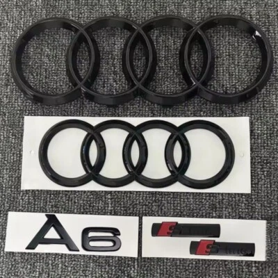 KIT COMPLETO LOGHI AUDI A6 nero lucido fregi ANTERIORE + POSTERIORE targhette A6 - Immagine 1 di 4