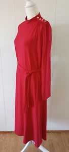 Solid Red Midi Dress Large Gold Buttons Stretch Long Sleeve Mock Neck Appleseeds - Picture 1 of 7