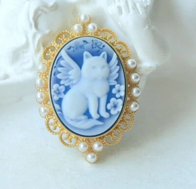 N18 Anhänger Katze mit Flügeln Achat blau Perlmutt  Silber 925 vergoldet - Bild 1 von 2