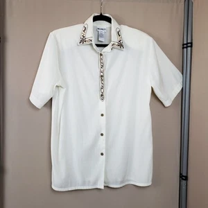 VTG 90s Koret Button Up Shirt Sz S Wood Beads Embroidery Crinkle Texture Office - Picture 1 of 8