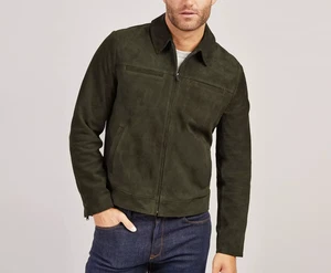 Men's Olive Green Cafe racer Suede Jacket Size S - Picture 1 of 6