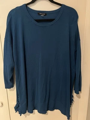 Cable & Gauge Women’s Plus Size 2x Teal Blue 3/4 Sleeve Sweater Top Ruffle Side - image 1 of 4