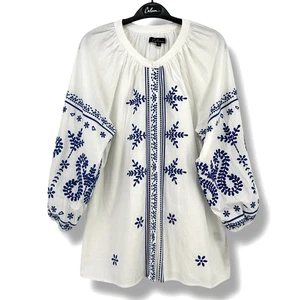New Calessa Blue Embroidered Crew Neck 3/4 Sleeve Peasant Tunic Shirt Sz M - Picture 1 of 5
