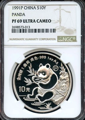China 1991 Silver Panda, 1 ounce, 10 Yuan, PROOF variety NGC PF-69 no spots - Image 1 of 2
