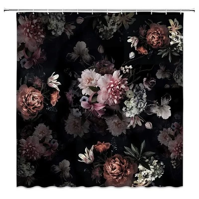 Boho Floral Shower Curtain 70x70", Black Pink Watercolor Flowers, Hooks - Image 1 of 4