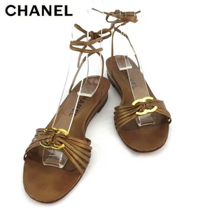CHANEL Sandals Brand Shoes Women'S Outlet Summer Item Brown Gold Flat Lace-Up Le - Picture 1 of 9