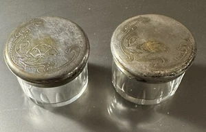 Vintage Set Of 2 Clear Glass Vanity Jars Brass Lids Carved Top Ornament - Picture 1 of 5