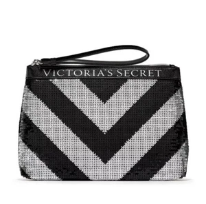 NEW Victoria’s Secret Wristlet Bag Black and Silver Sequin Evening Clutch Makeup - Picture 1 of 1