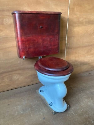 Antique White Victorian Porcelain L Wolff Yazoo Toilet Bowl Oak Tank 504-23E - Image 1 of 4