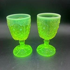 URANIUM VASELINE GLASS GOBLET SET LG WRIGHT Daisy & Button Design Frost Top 30s - Picture 1 of 11