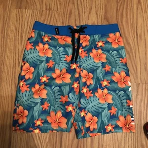 hurley board shorts big boys logo pull up flowers blue size 10 Tropical - Picture 1 of 6