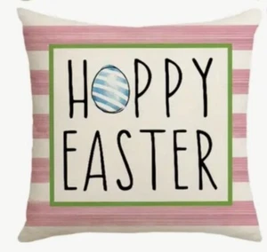HAPPY EASTER Bunny Stripe Spring Easter Throw Pillow Cover Holiday Home Decor - Picture 1 of 4