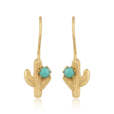 Turquoise Gemstone 925 Silver Gold Plated Wild Cactus Design Hook Earrings - Image 1 of 4
