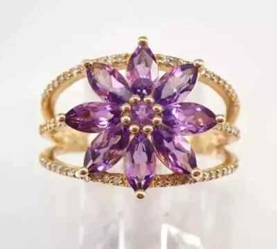 14K Yellow Gold Plated 3Ct Marquise Cut Lab-Created Amethyst Flower Cluster Ring - Image 1 of 4