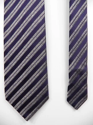 CORBATA DE CUELLO CHARVET PARIS PARA HOMBRE 100 % SEDA PÚRPURA GRIS RAYAS LUJO HECHA EN FRANCIA Foto 1 de 4
