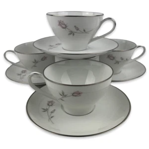 Noritake Pasadena Tassen und Untertassen 4er Set Vintage 6311 Rosa Grau Rosenknospe Japan - Bild 1 von 13